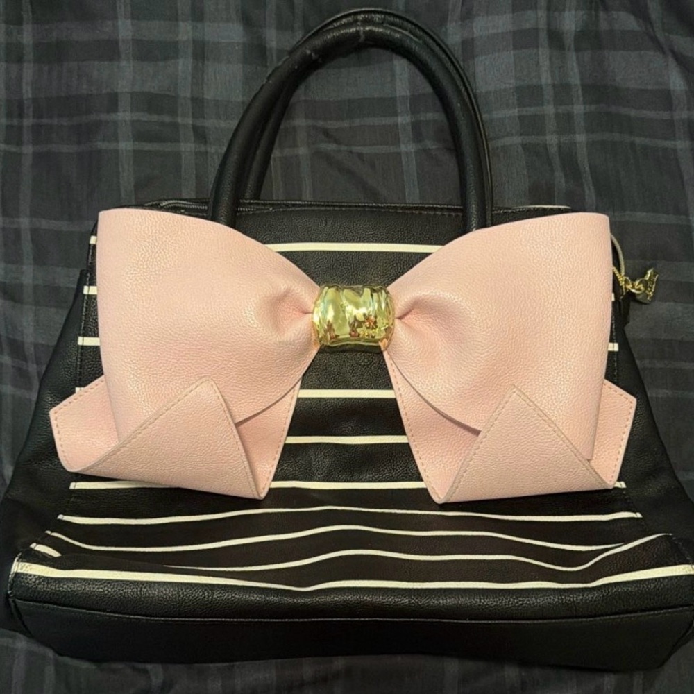 Black Betsy Johnson Bag White Striped with Pink Bow